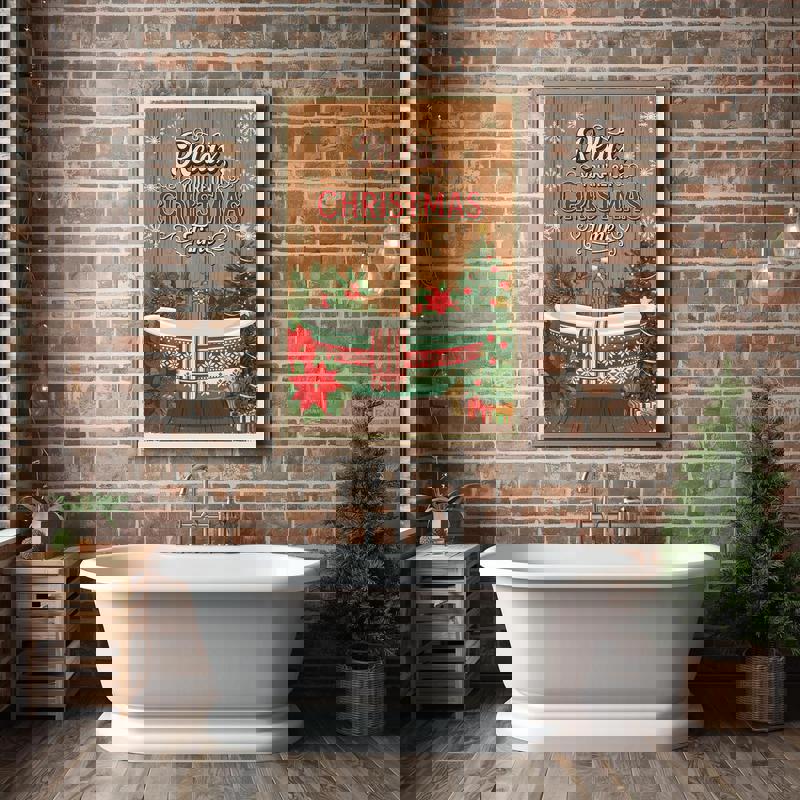 Christmas bathroom canvas art, You're On Bath Christmas Time in green lettering on white, square format, pine branch accents