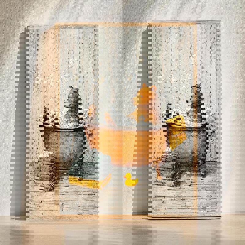 Bear in the tub canvas wall art, rustic autumn bathroom decor in warm earth tones, horizontal layout with clawfoot bathtub | Familywalldecor