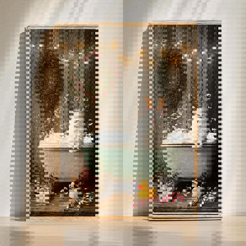 Christmas cat canvas wall art with a cute kitty in a bubble bath, festive holiday accents, perfect for bathroom decor | Familywalldecor