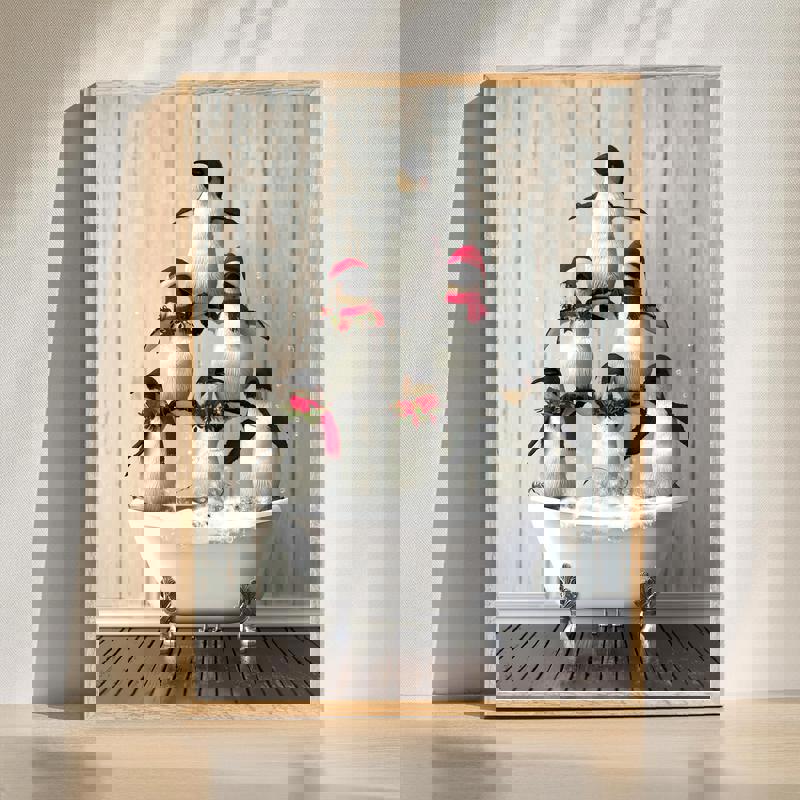 Christmas penguin gymnasts canvas wall art for bathroom decor, playful penguins in a bubble bath, landscape orientation | Family Wall Decor