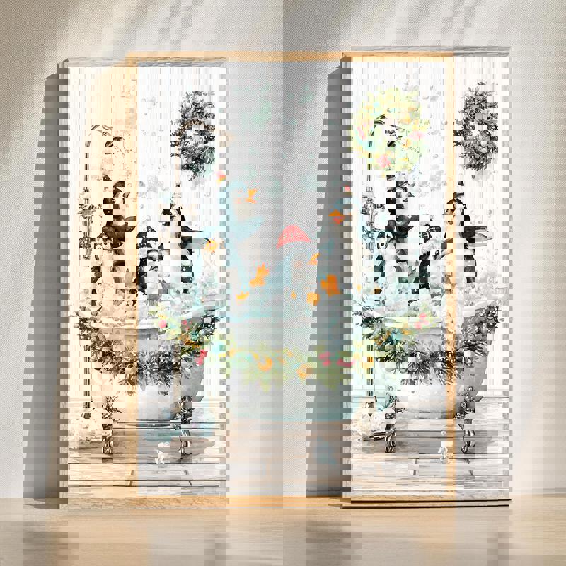 Christmas penguins in bathtub canvas, whimsical watercolor for bathroom wall decor with festive bubbles and holiday charm | Family Wall Decor