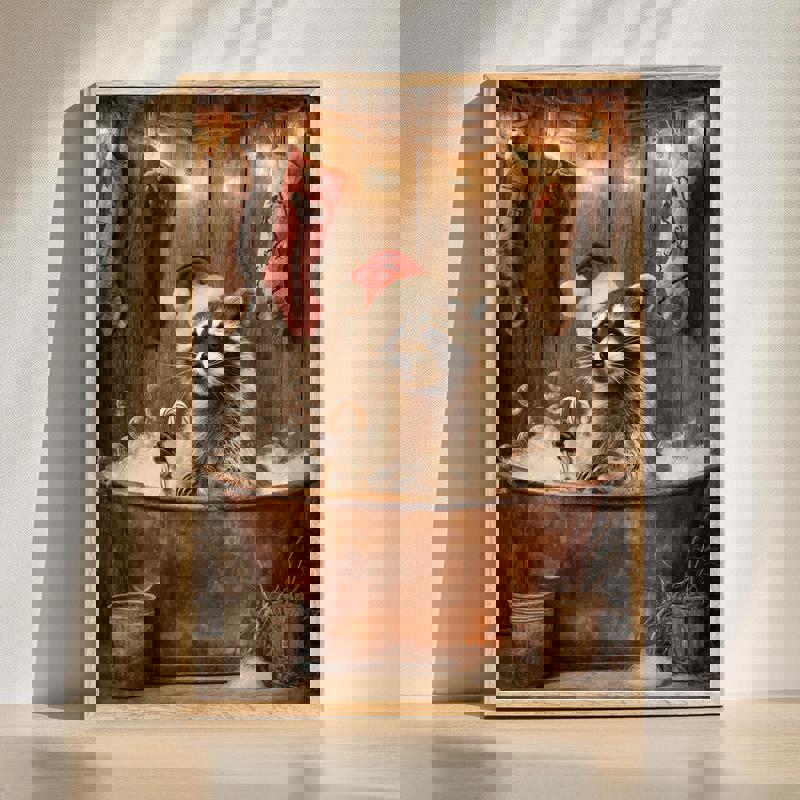 Christmas raccoon in the tub canvas wall art, rustic farmhouse bathroom decor, vertical print with neutral holiday accents | Familywalldecor