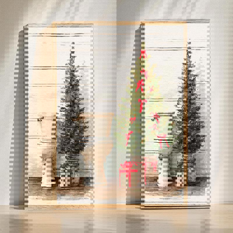 Christmas tree canvas for farmhouse bathroom decor, rustic shiplap backdrop, neutral greens, vertical orientation | Familywalldecor