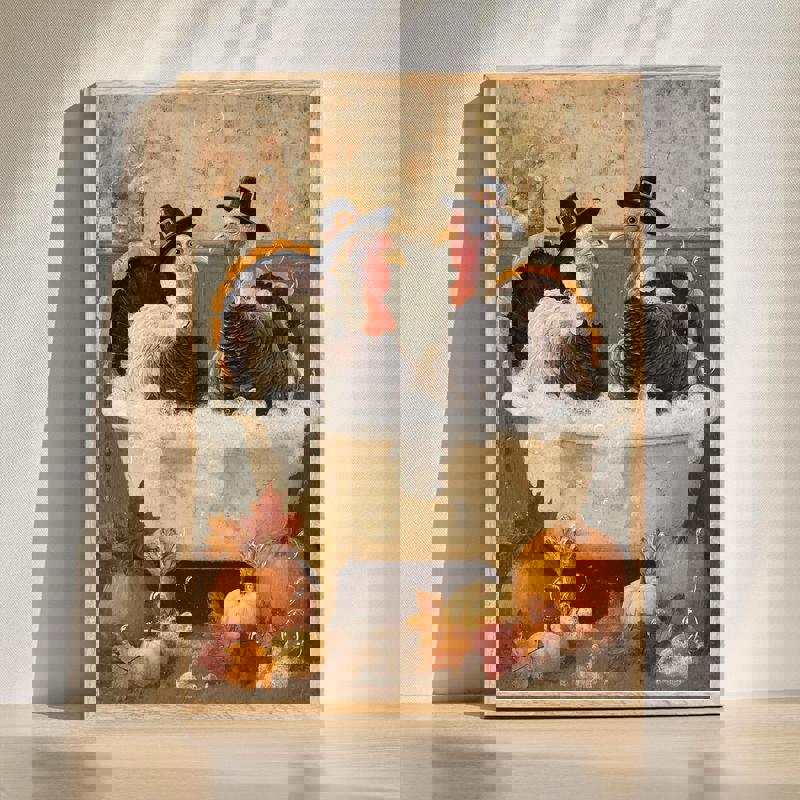 Thanksgiving turkey couple bathroom canvas with two turkeys in a bathtub, whimsical holiday wall art for bathroom decor | Familywalldecor