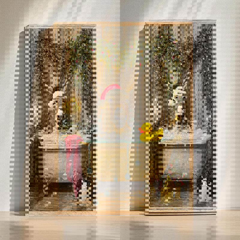 Donkey in the tub canvas wall art for farmhouse bathroom decor, humorous animal print, portrait layout in neutral tones | Familywalldecor