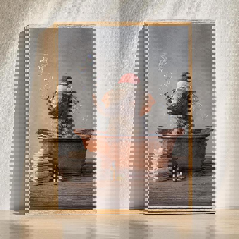 Elephant in the tub canvas wall art, whimsical animal bathroom decor in soft pastel tones, portrait orientation | Familywalldecor