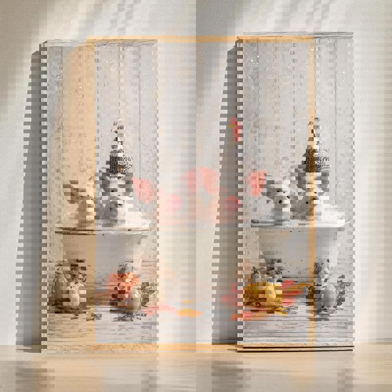 Farm animals in the tub bathroom decor canvas featuring cow, pig, and lamb in a clawfoot tub with pumpkins and autumn leaves | Family Wall Decor