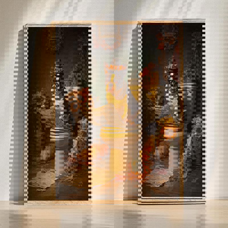 French Bulldog wearing pilgrim hat on toilet canvas, humorous Thanksgiving bathroom wall art in portrait with autumn palette | Familywalldecor