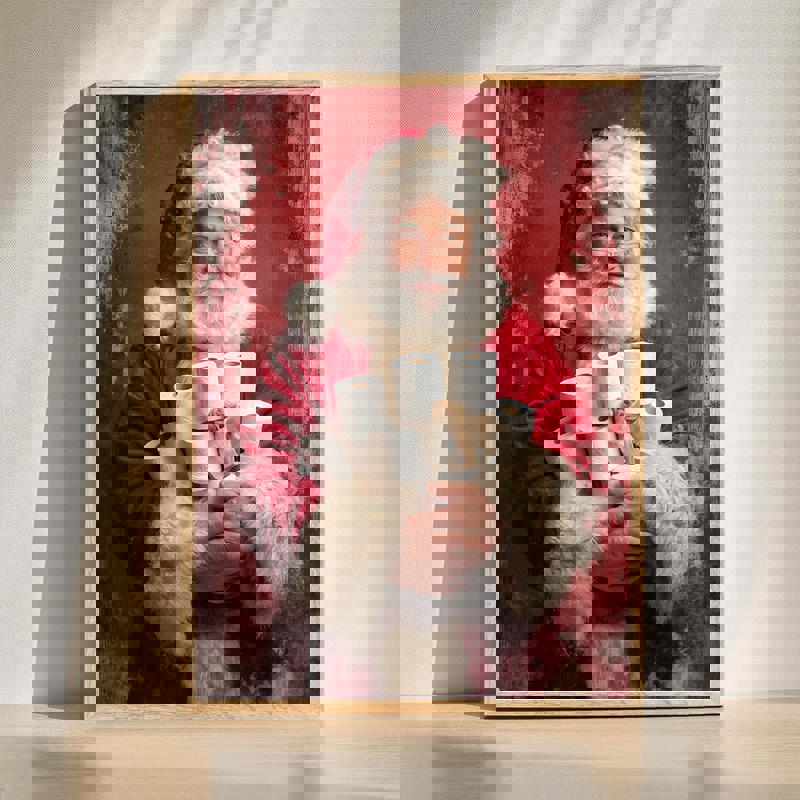 Funny Santa toilet paper Christmas canvas, bathroom wall art with cartoon Santa and TP rolls, red-white palette, vertical print | Familywalldecor