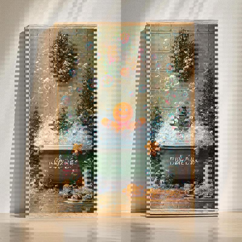 Gingerbread man in tub canvas wall art, rustic farmhouse bathroom decor with bubbles and clawfoot bath in neutral tones | Family Wall Decor