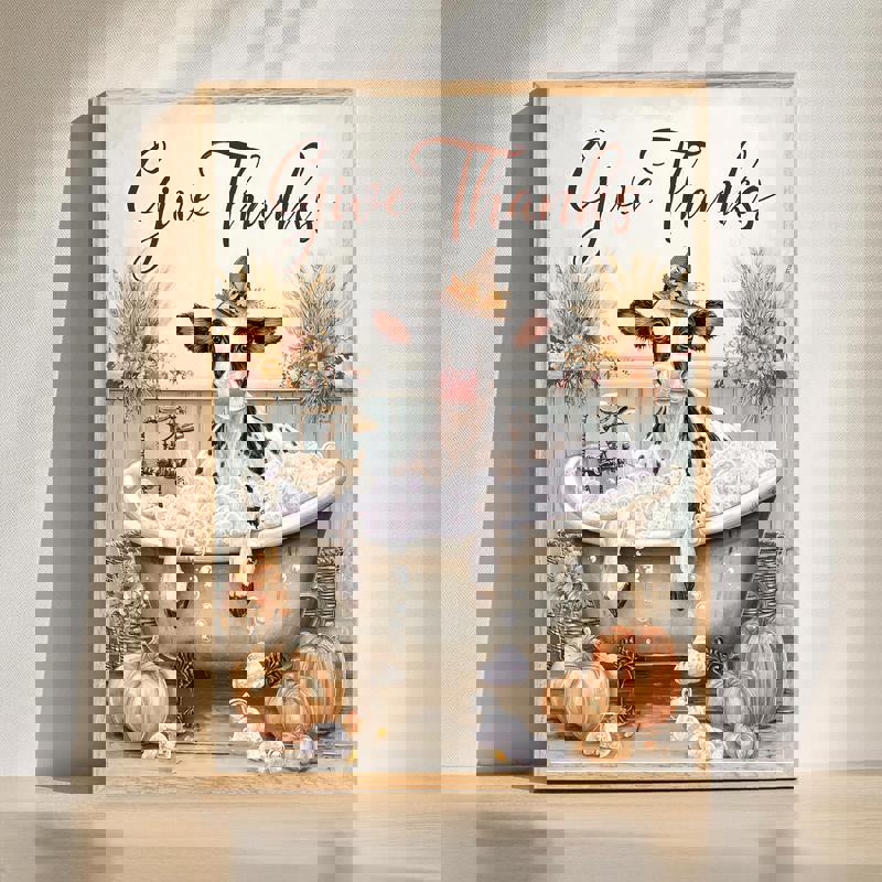 Give Thanks Cow canvas wall art for rustic farmhouse bathroom decor, humorous cow portrait with vintage script. | Familywalldecor