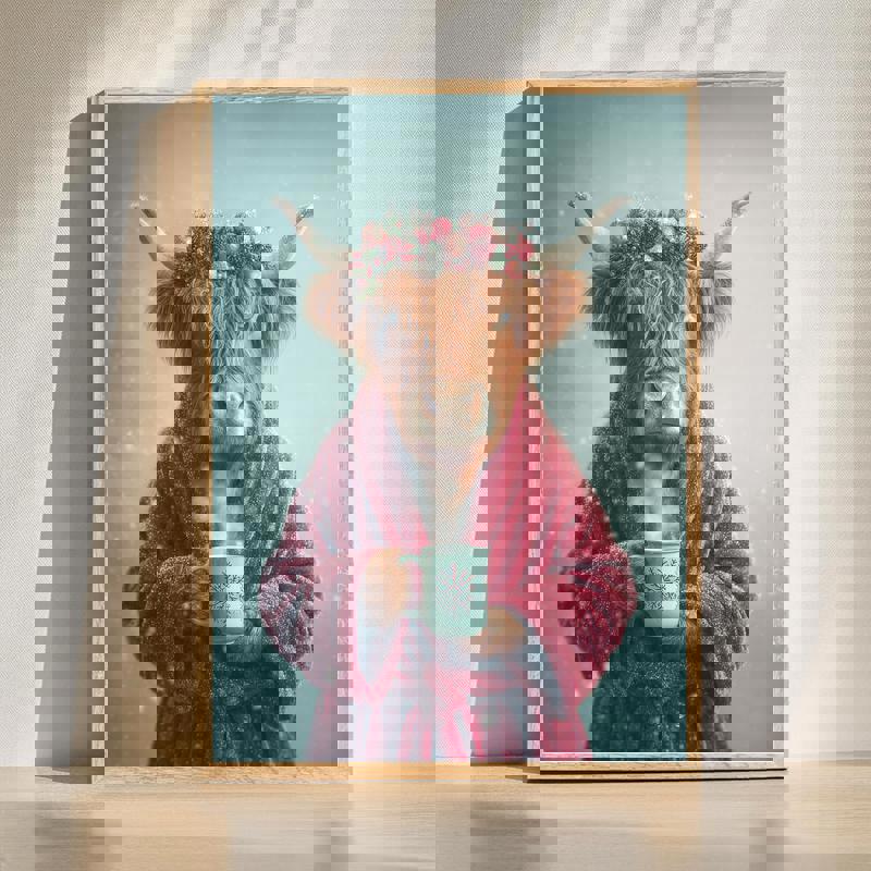 Highland cow in cozy red robe canvas wall art, funny farmhouse bathroom decor with rustic charm, portrait orientation print | Familywalldecor