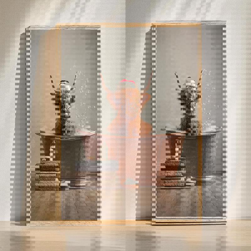 Highland cow in the tub canvas wall art for farmhouse bathroom decor, quirky animal print on stretched canvas print | Familywalldecor