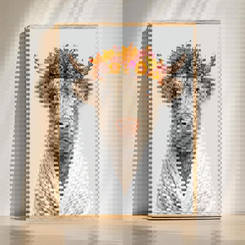 Highland cow canvas wall art in a white bathrobe with an autumn wreath, Thanksgiving bathroom decor, farmhouse style | Familywalldecor