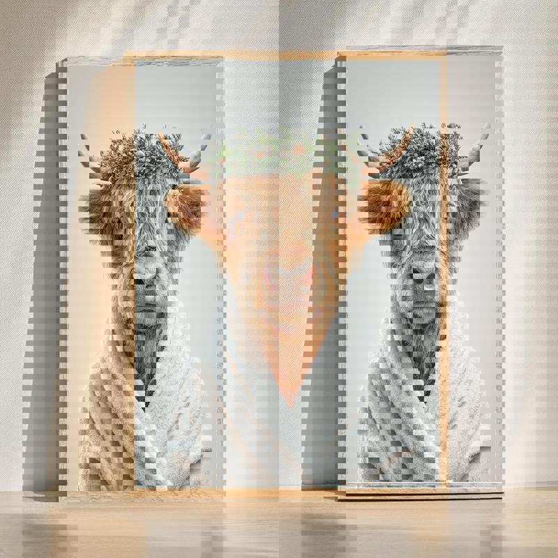 Highland cow in white bathrobe with Christmas wreath bathroom canvas, playful holiday wall art for festive powder room decor | Familywalldecor