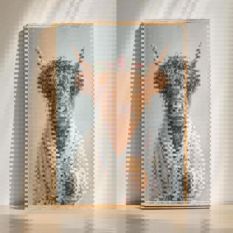 Highland cow Christmas bathroom canvas wall art with cow in white bathrobe and red-green trim, farmhouse holiday decor | Familywalldecor