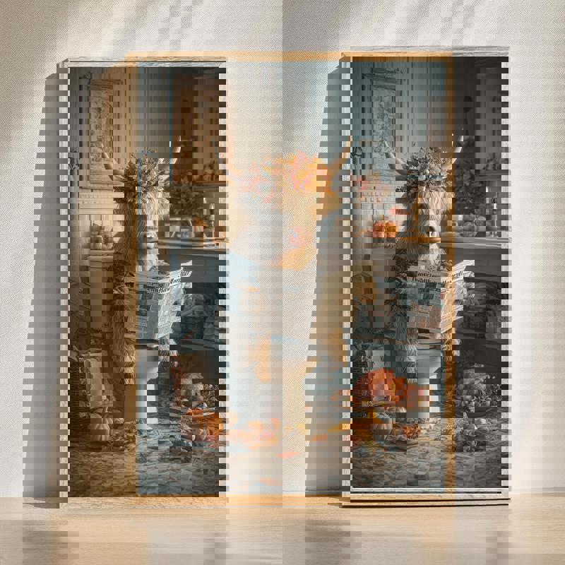 Highland cow on toilet bathroom canvas with autumn leaves and corn husks, rustic farmhouse wall art for funny fall decor | Familywalldecor