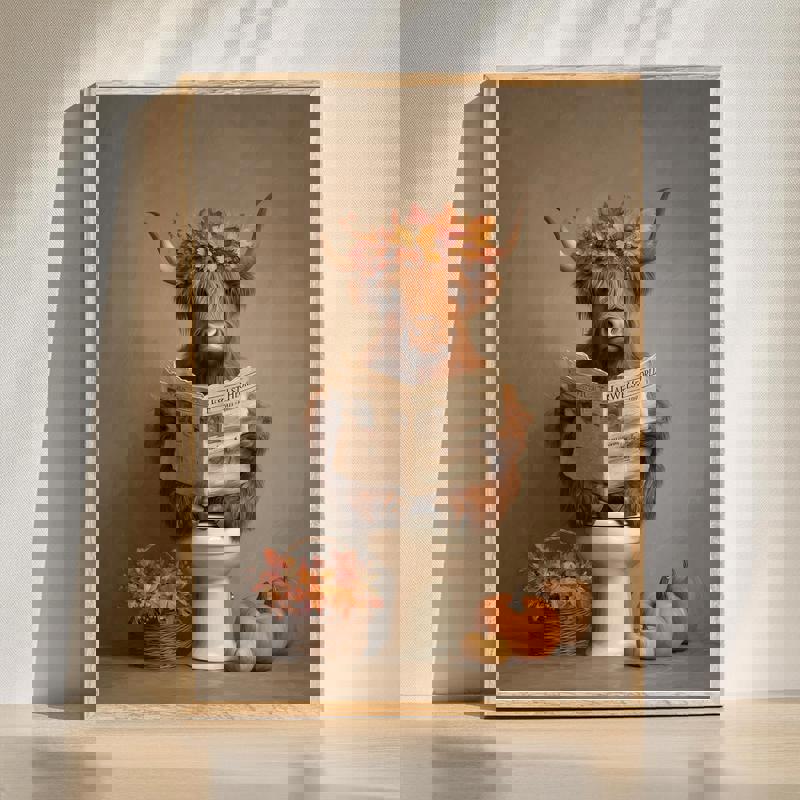 Highland cow with autumn wreath sitting on toilet canvas for bathroom, rustic fall harvest farmhouse wall art in warm tones | Familywalldecor