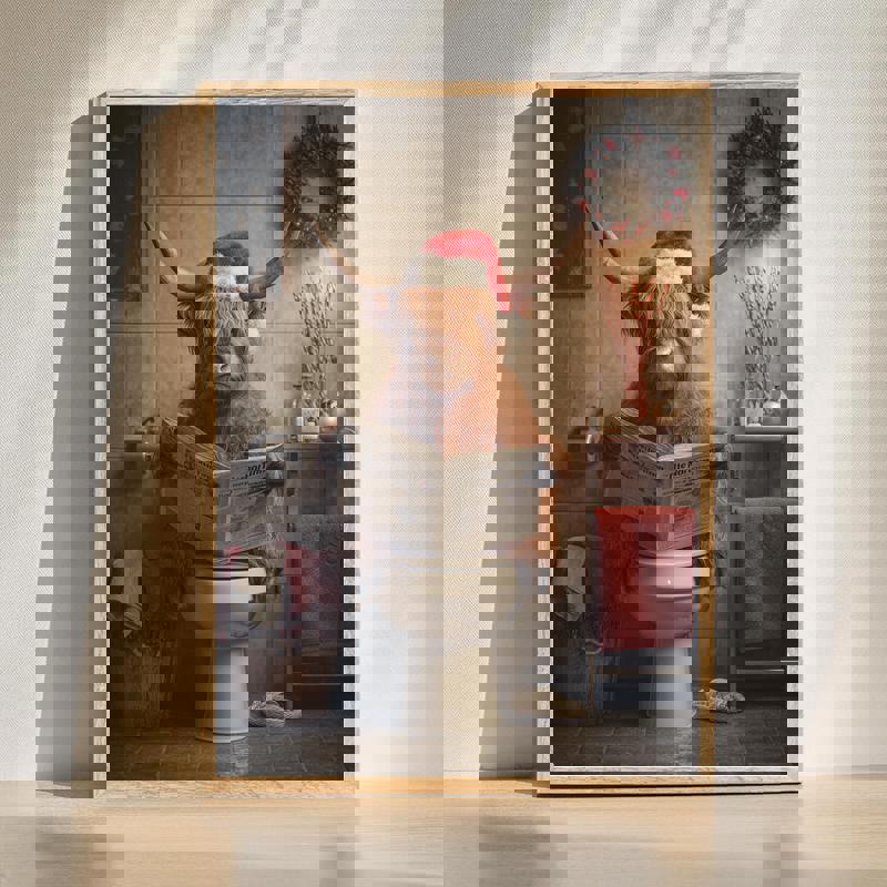 Highland cow in Santa hat reading newspaper on toilet canvas, humorous Christmas bathroom wall art, vertical farmhouse decor | Familywalldecor