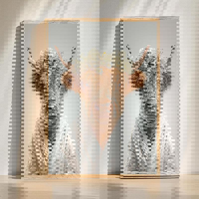 Highland cow with wreaths canvas wall art, rustic farmhouse bathroom decor with neutral tones and greenery accents. | Familywalldecor