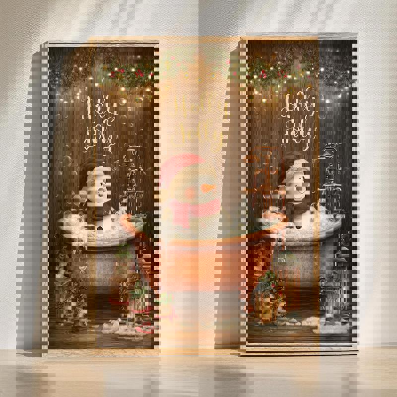 Holly jolly snowman in the tub canvas, whimsical Christmas bathroom wall art with bubbly bathtub scene for holiday decor | Family Wall Decor