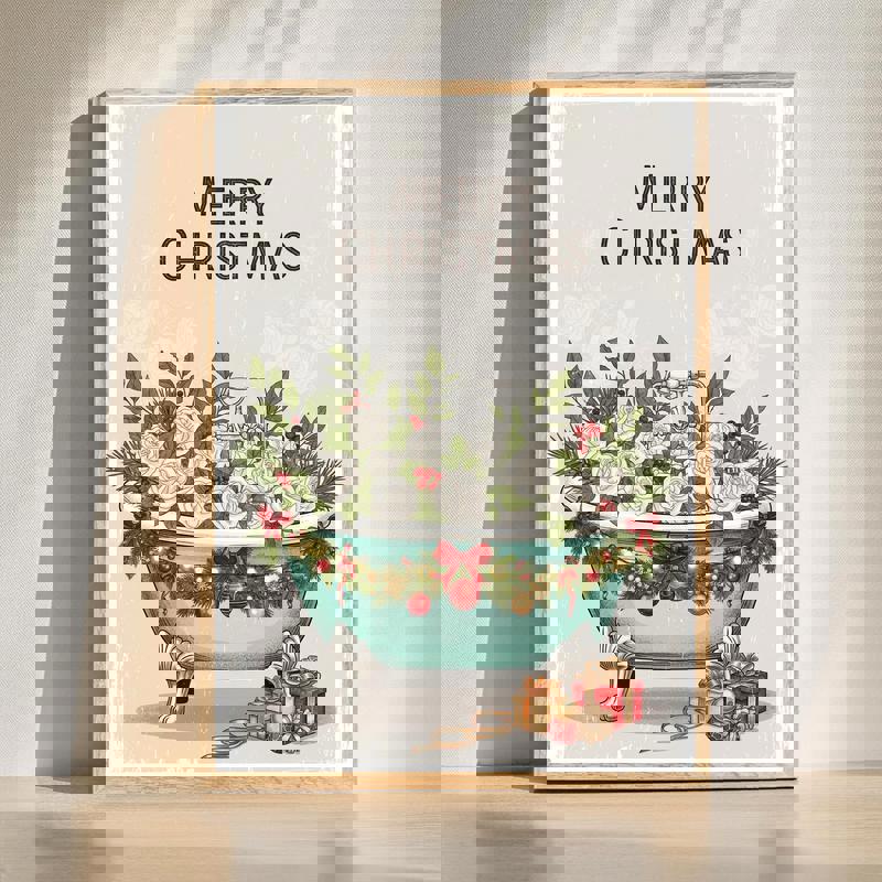 Merry Christmas canvas wall art with festive typography and winter pattern, modern bathroom decor in horizontal layout | Familywalldecor