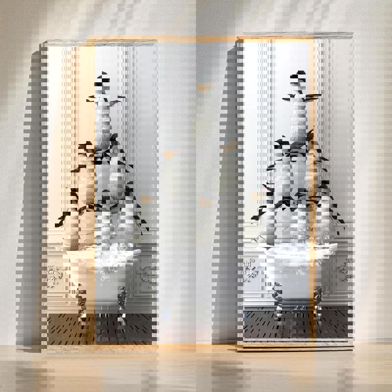 Penguin gymnasts in the bath canvas for Christmas bathroom decor, whimsical wall art with playful bubbles and winter charm | Family Wall Decor