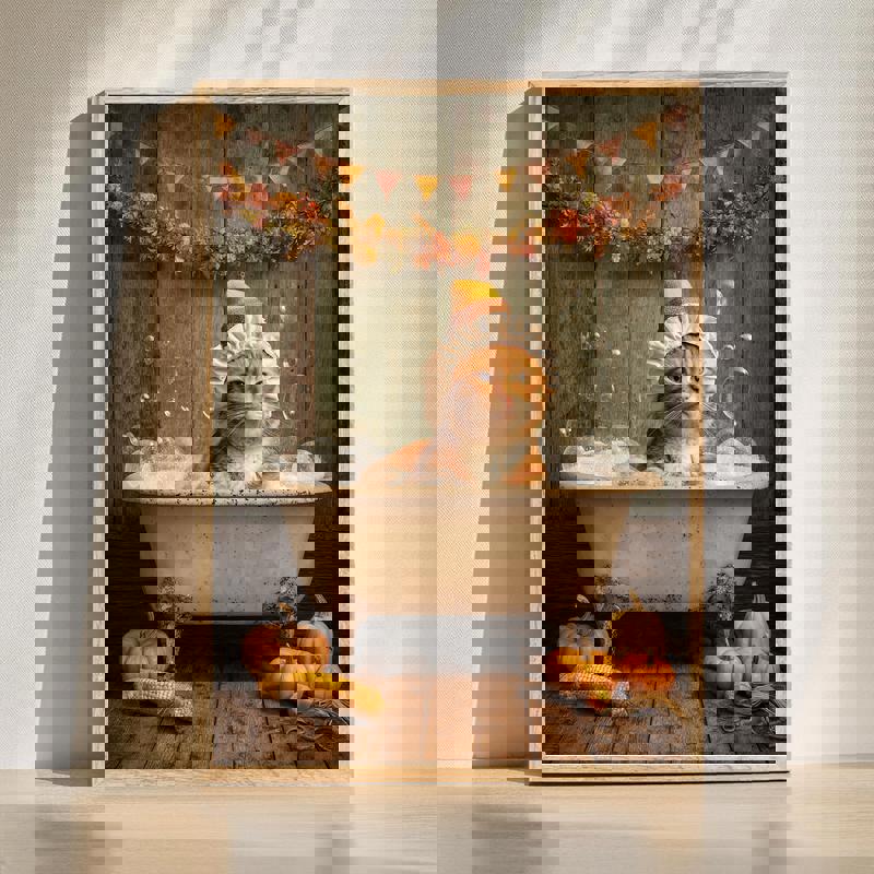 Autumn cat in a clawfoot tub canvas wall art for bathroom decor, cozy fall leaves and pumpkins in warm rustic tones | Familywalldecor