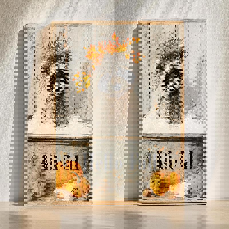 Raccoon in bathtub canvas wall art, cheerful animal decor for bathroom walls in soft neutrals, portrait orientation | Family Wall Decor