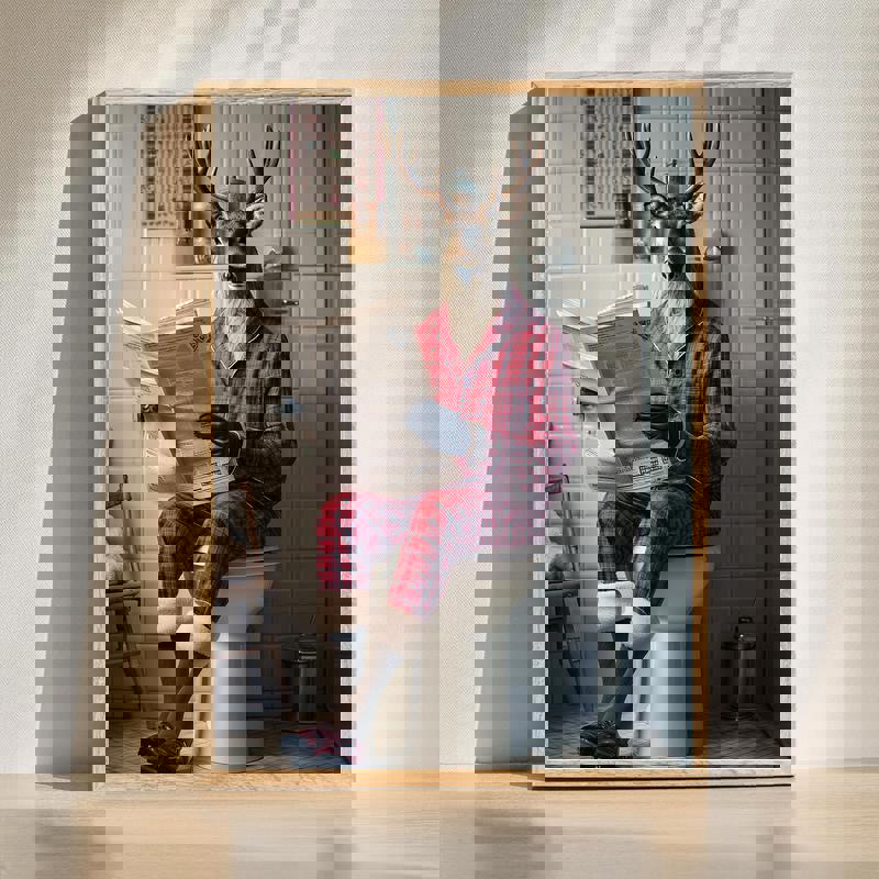 Reindeer in toilet canvas, funny Christmas bathroom wall art for holiday decor, whimsical illustration in portrait format | Familywalldecor