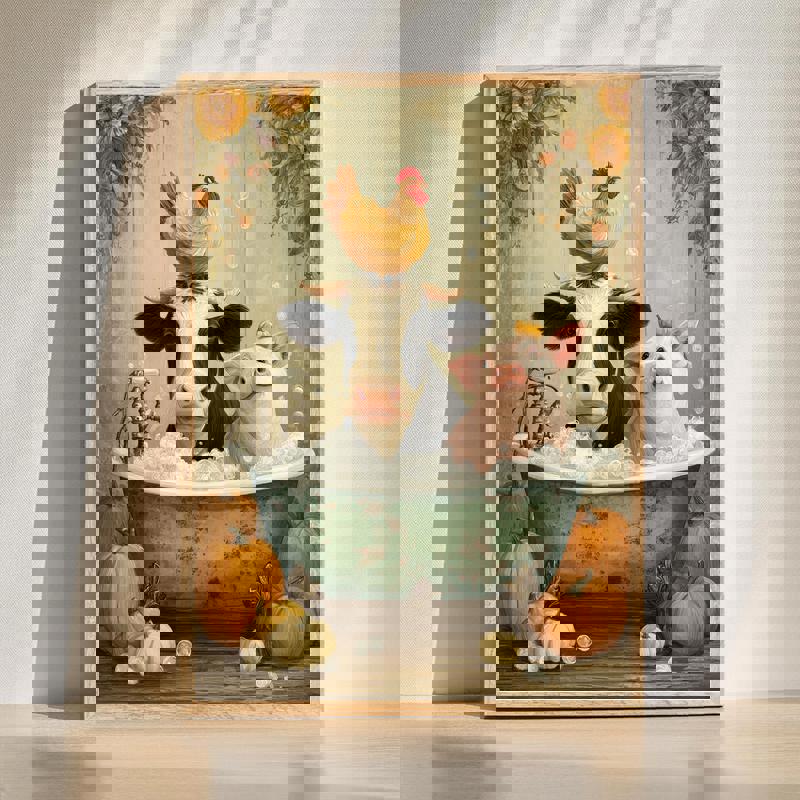 Rustic farmhouse stacked animals holiday bathroom canvas wall art with animals in a bathtub, ideal for festive bathroom decor | Family Wall Decor