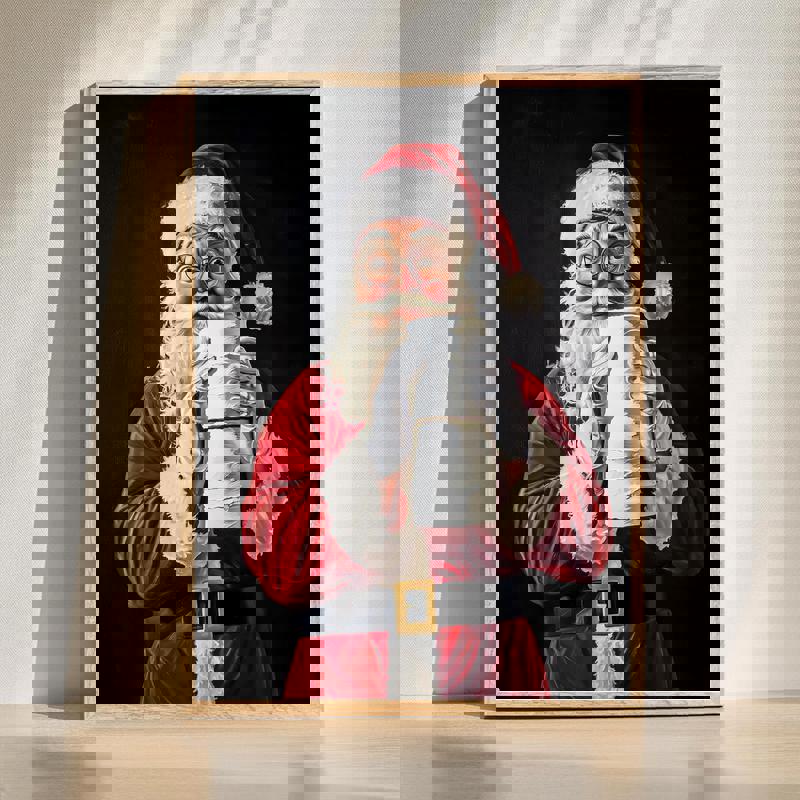 Santa Claus toilet paper bathroom canvas wall art, humorous Christmas decor, portrait with red-white accents for guest bath | Familywalldecor