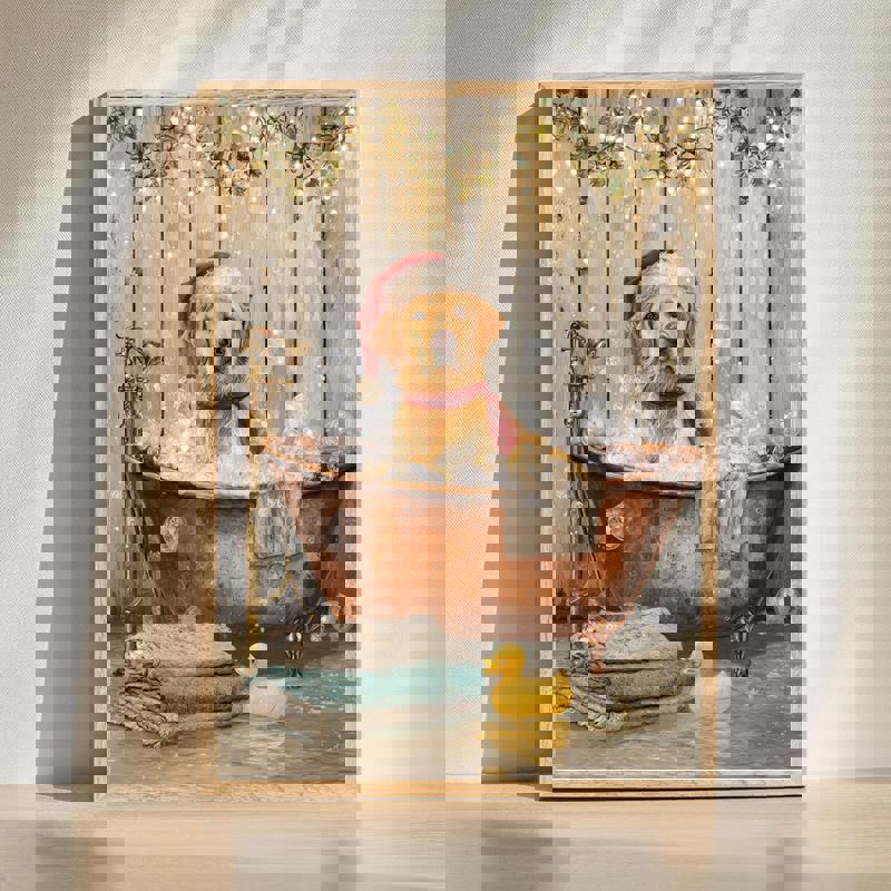 Santa dog in bathtub canvas wall art for festive bathroom decor, cute pup in Santa hat soaking in bubbles, Christmas theme | Familywalldecor