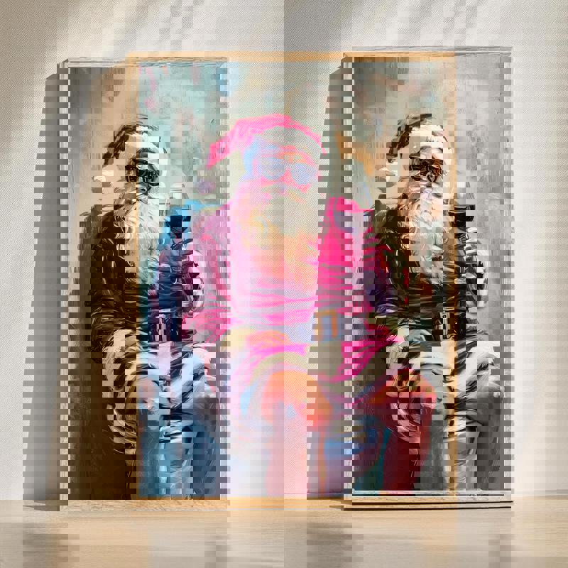 Santa humor bathroom decoration canvas with holiday wine lover theme, red and white palette, portrait decor for bathroom | Familywalldecor