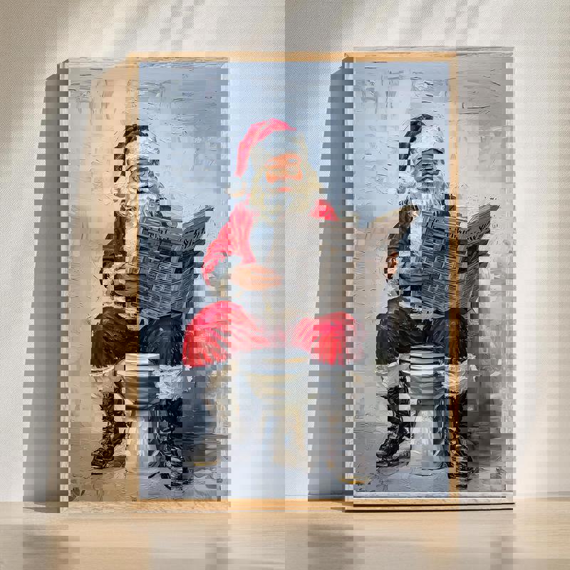 Santa reading a newspaper on the toilet canvas wall art, humorous Christmas bathroom decor for holiday guests at home | Familywalldecor