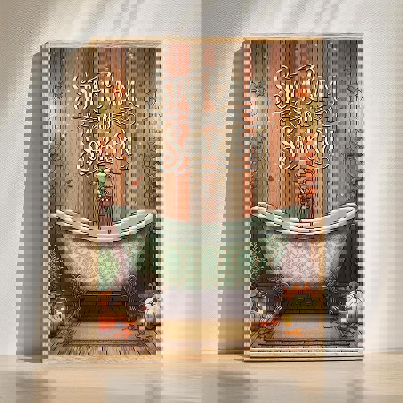 Fall bathroom canvas with 'Soak & Give Thanks' lettering, rustic farmhouse style and cozy autumn hues for seasonal wall decor | Familywalldecor