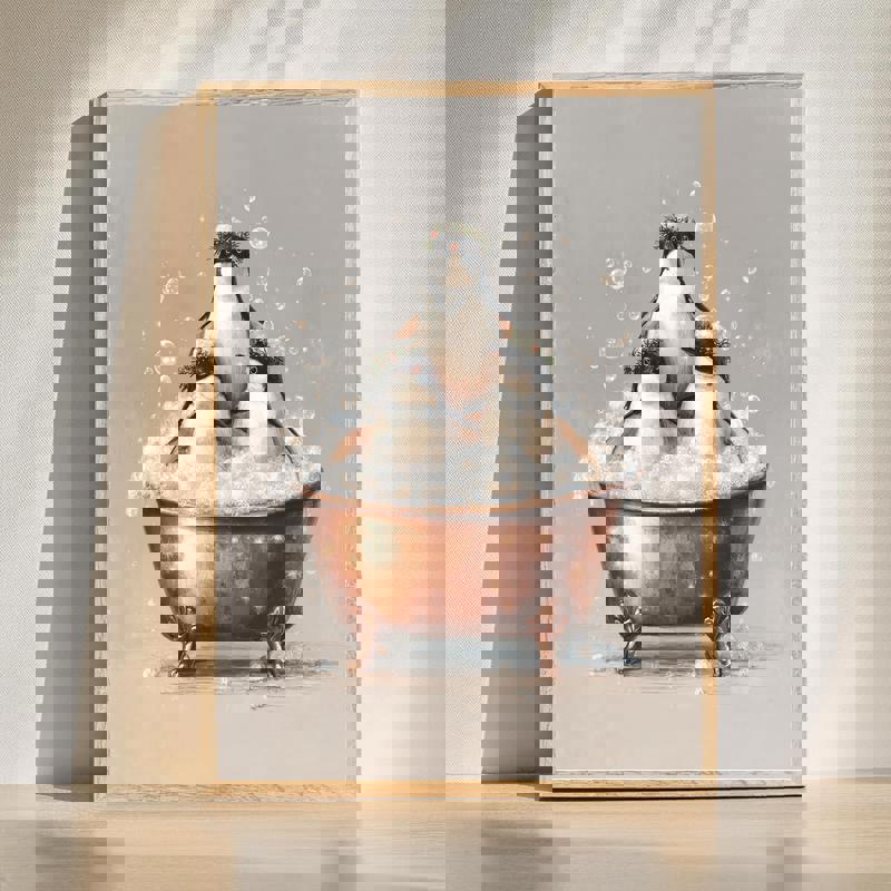 Christmas stacked penguins in a bathtub canvas wall art for bathroom decor, funny holiday accent for cheerful winter homes | Family Wall Decor