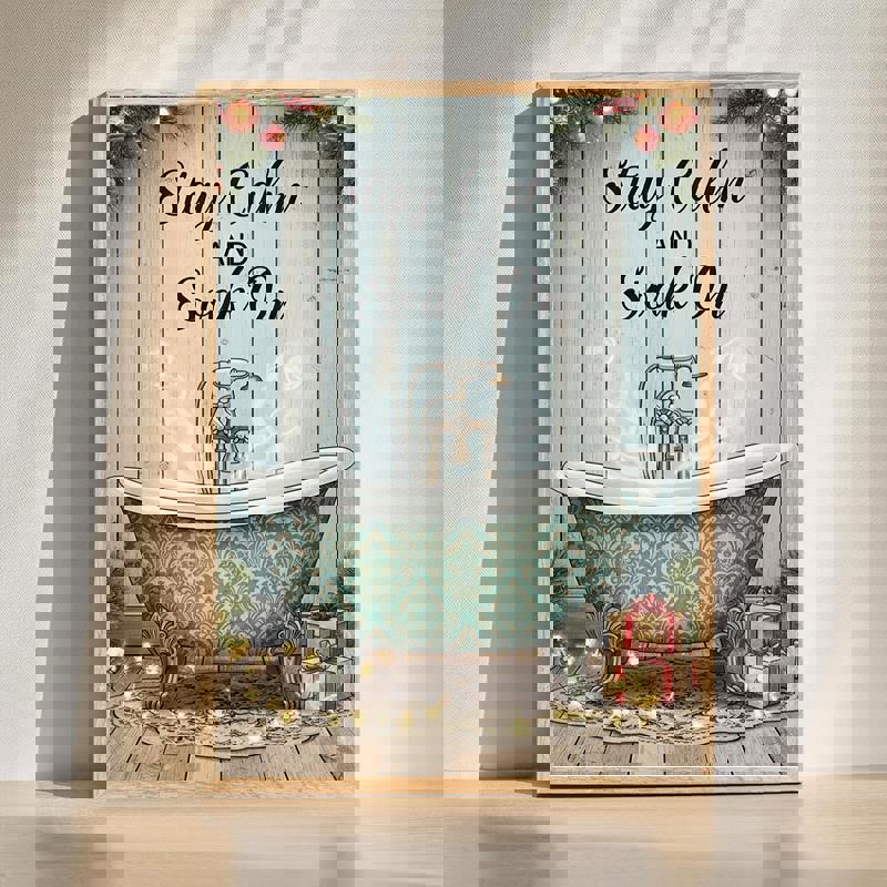 Stay Calm And Soak On Christmas bathroom canvas wall art with festive typography and seasonal accents for holiday bath decor | Familywalldecor