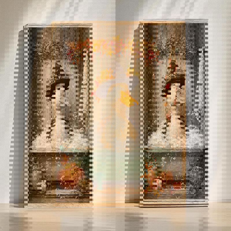 Thanksgiving duck in the tub canvas wall art, whimsical fall bathroom decor featuring a duck in a bathtub, for powder rooms | Familywalldecor