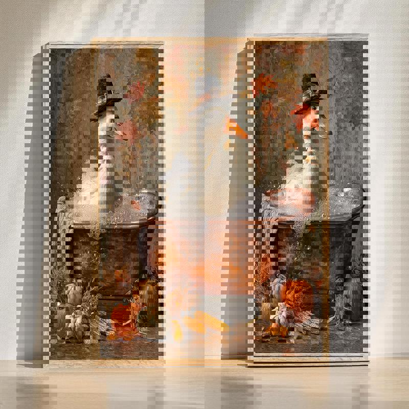 Thanksgiving goose in a clawfoot tub bathroom canvas, rustic farmhouse wall art for cozy autumn country bath decor | Familywalldecor