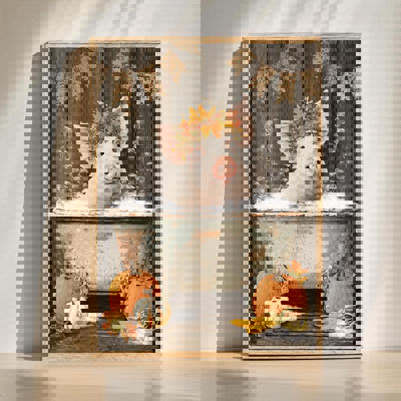 Thanksgiving pig in the tub canvas wall art for rustic bathroom decor, farmhouse style with warm autumn tones, portrait | Familywalldecor