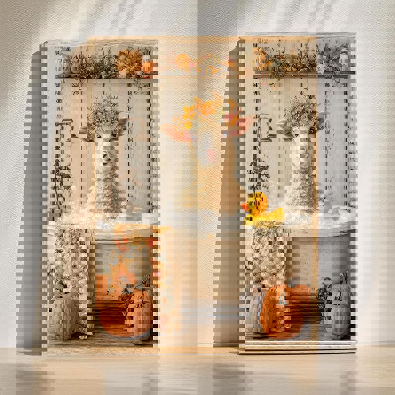 Thanksgiving sheep bathroom canvas wall art featuring a sheep in a tub, rustic farmhouse decor accent for country bathrooms | Family Wall Decor