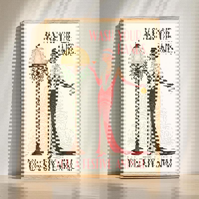 Festive Wash Your Hands canvas bathroom wall art in red and green with holly accents and playful type, portrait orientation | Familywalldecor