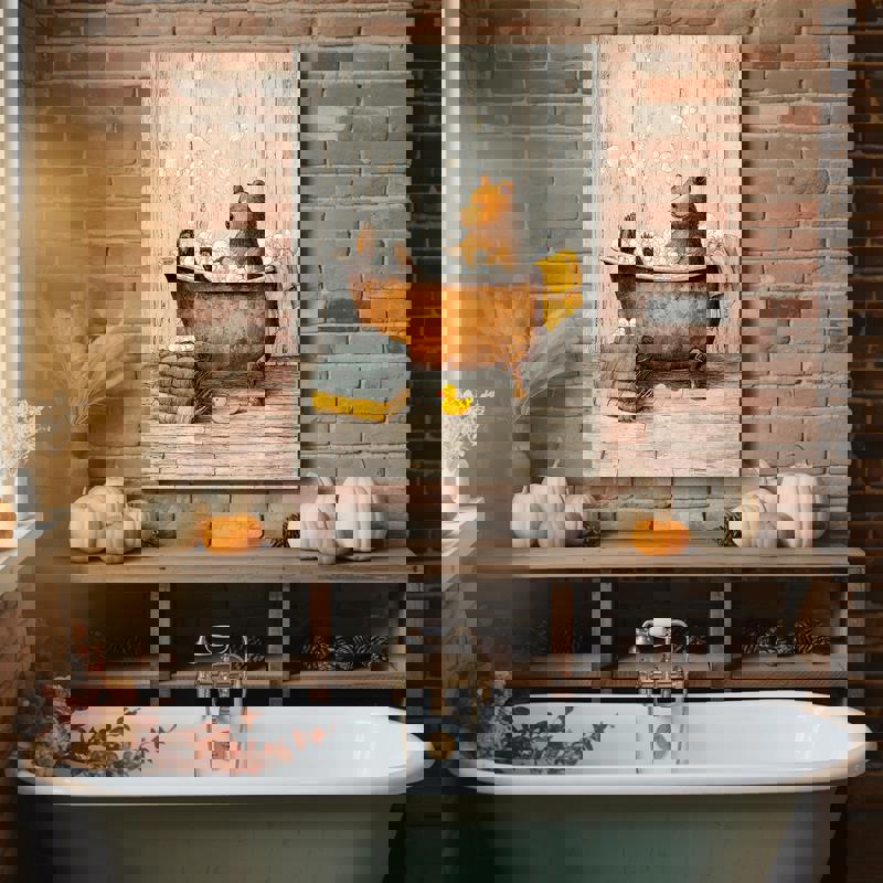 Bear in the tub canvas wall art, rustic autumn powder room decor with oil-paint texture, portrait orientation in earthy hues