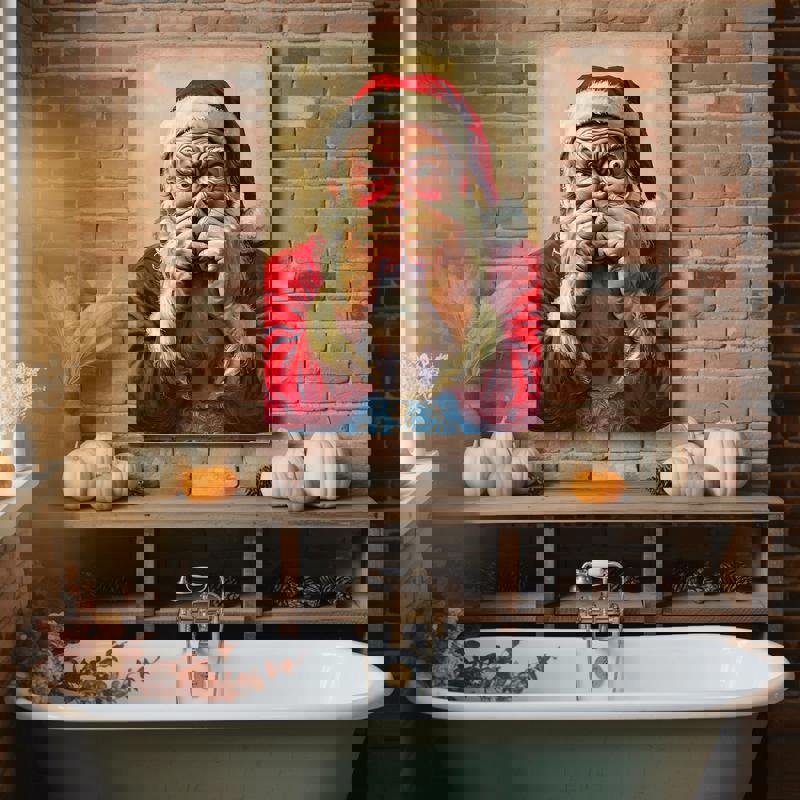 Funny Christmas Santa Claus bathroom decoration canvas, playful wall art, great holiday gift for friends or family