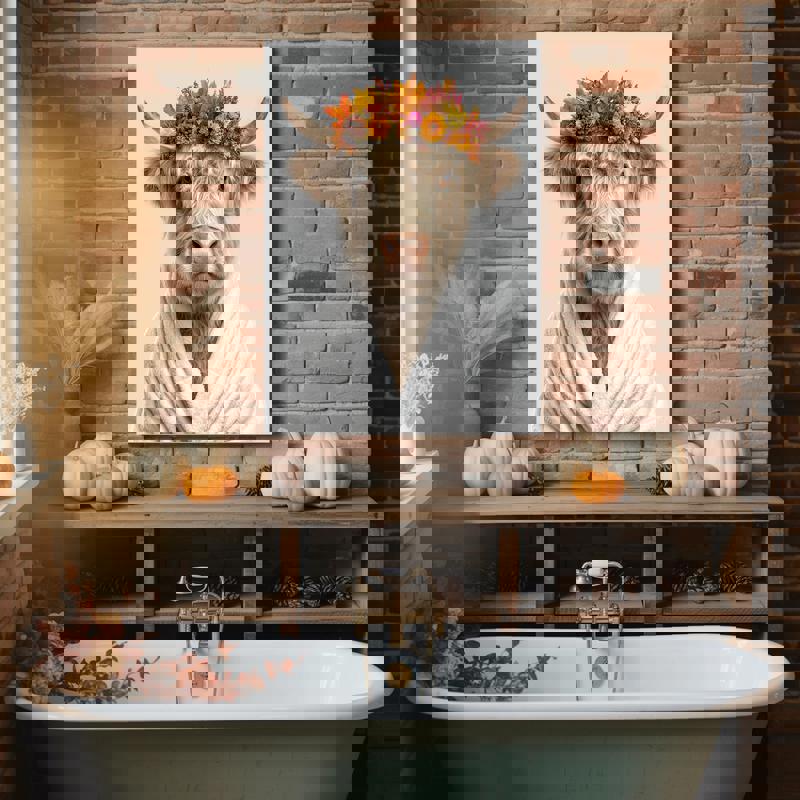 Highland cow canvas, landscape art of cow in white robe with autumn wreath, Thanksgiving farmhouse bathroom decor Highland cow canvas, landscape art of cow in white robe with autumn wreath, Thanksgiving farmhouse bathroom decor