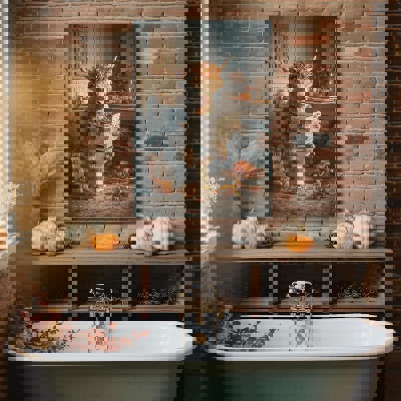 Highland cow fall bathroom canvas art, cow on toilet amid autumn leaves and corn husks, playful guest bath decor for fall