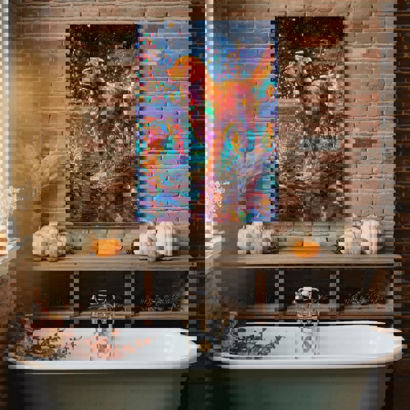 Christmas dog bathroom canvas print, modern oil brush style with lively droplets, small portrait ideal for guest bath decor