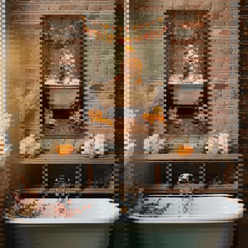 Modern cat in teal clawfoot tub canvas art for bathroom, autumn window view with falling leaves, neutral beige background