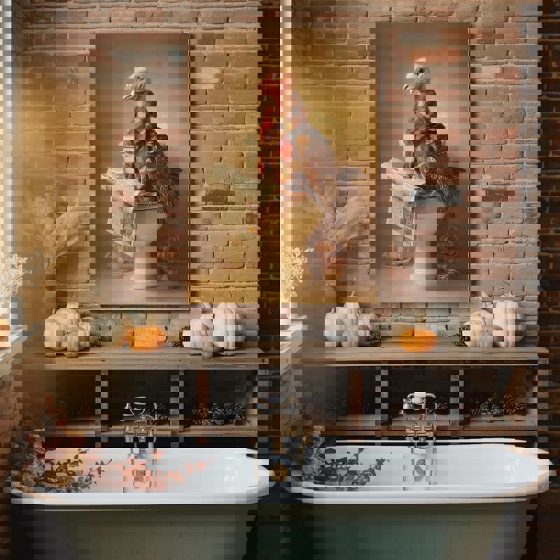 Turkey on toilet canvas for bathroom, plaid scarf humor in farmhouse style, rustic wall art accent for cozy country decor.